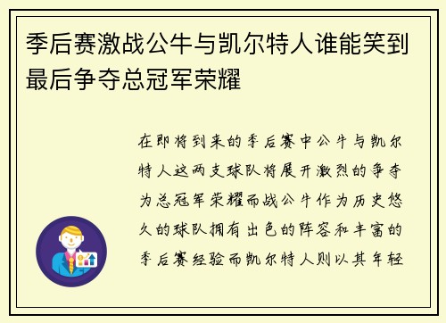 季后赛激战公牛与凯尔特人谁能笑到最后争夺总冠军荣耀